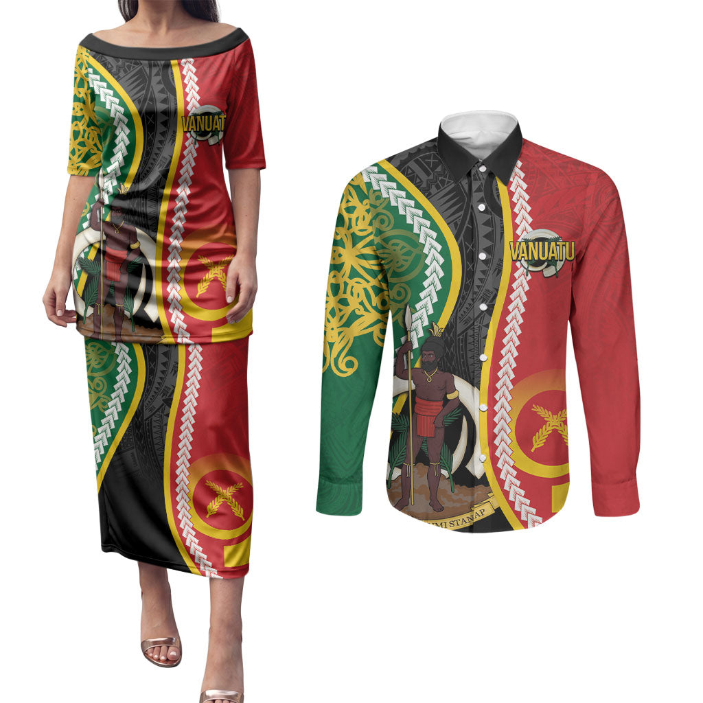 Ni-Vanuatu Indipendens Dei Celebretem Couples Matching Puletasi and Long Sleeve Button Shirt Yumi Yumi Yumi