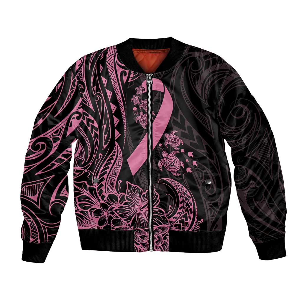 Polynesian Pink Power Bomber Jacket Breast Cancer Ribbon Turtle and Flowers