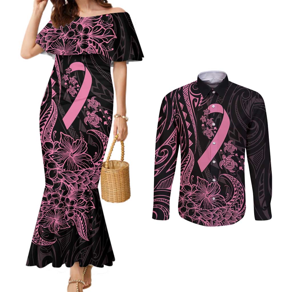 Polynesian Pink Power Couples Matching Mermaid Dress and Long Sleeve Button Shirt Breast Cancer Ribbon Turtle and Flowers LT7 Pink - Polynesian Pride