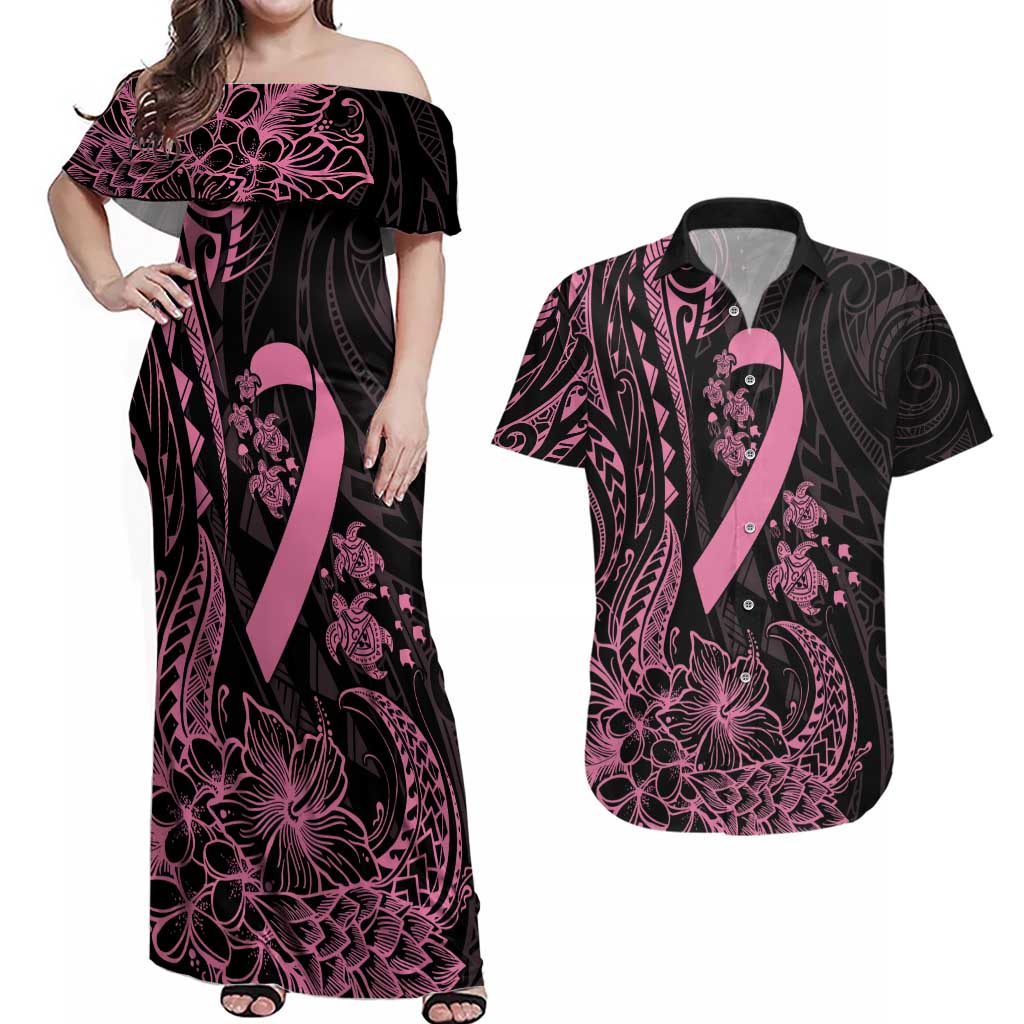 Polynesian Pink Power Couples Matching Off Shoulder Maxi Dress and Hawaiian Shirt Breast Cancer Ribbon Turtle and Flowers