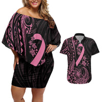 Polynesian Pink Power Couples Matching Off Shoulder Short Dress and Hawaiian Shirt Breast Cancer Ribbon Turtle and Flowers LT7 Pink - Polynesian Pride