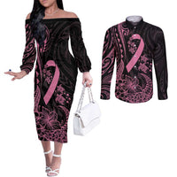Polynesian Pink Power Couples Matching Off The Shoulder Long Sleeve Dress and Long Sleeve Button Shirt Breast Cancer Ribbon Turtle and Flowers LT7 Pink - Polynesian Pride