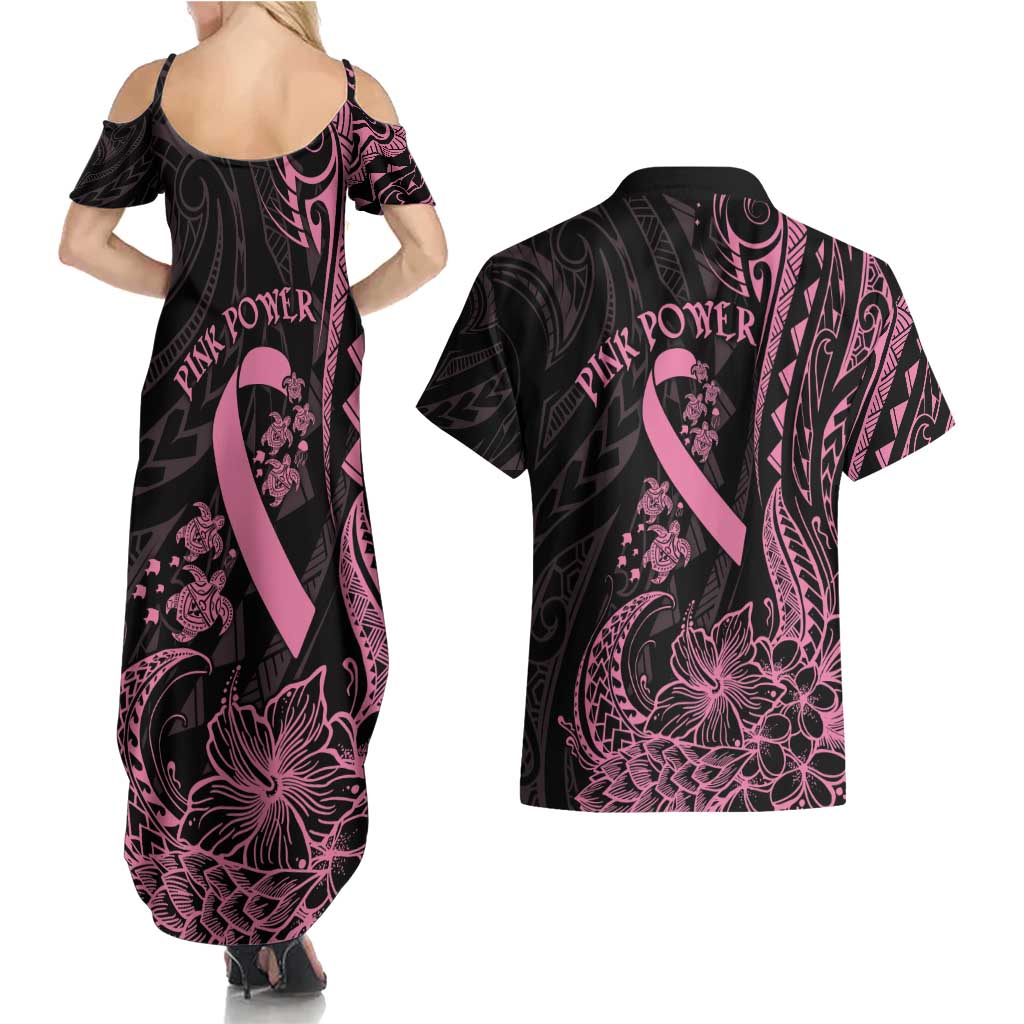 Polynesian Pink Power Couples Matching Summer Maxi Dress and Hawaiian Shirt Breast Cancer Ribbon Turtle and Flowers LT7 - Polynesian Pride