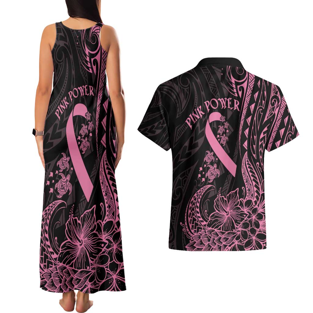 Polynesian Pink Power Couples Matching Tank Maxi Dress and Hawaiian Shirt Breast Cancer Ribbon Turtle and Flowers LT7 - Polynesian Pride