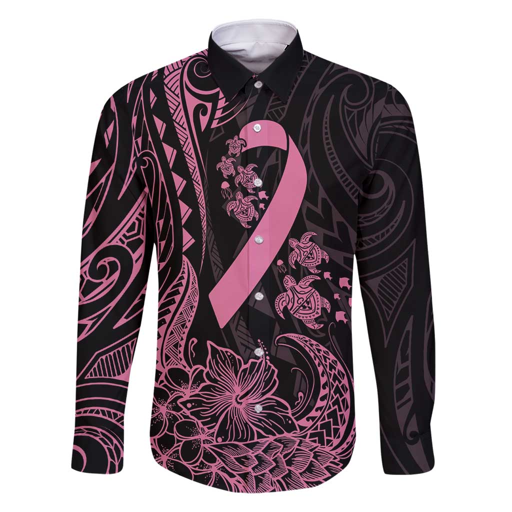 Polynesian Pink Power Family Matching Long Sleeve Bodycon Dress and Hawaiian Shirt Breast Cancer Ribbon Turtle and Flowers LT7 Dad's Shirt - Long Sleeve Pink - Polynesian Pride