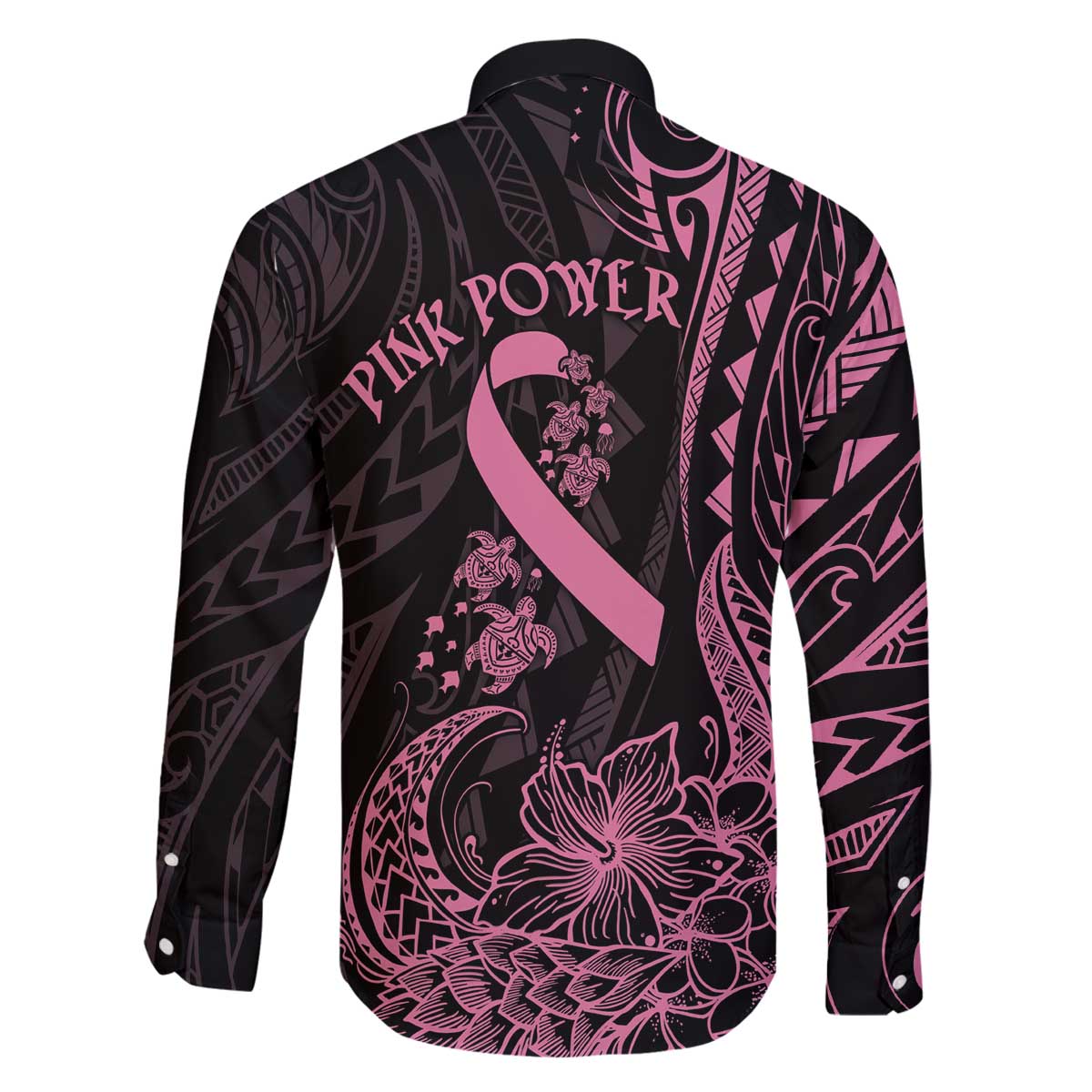 Polynesian Pink Power Family Matching Off The Shoulder Long Sleeve Dress and Hawaiian Shirt Breast Cancer Ribbon Turtle and Flowers