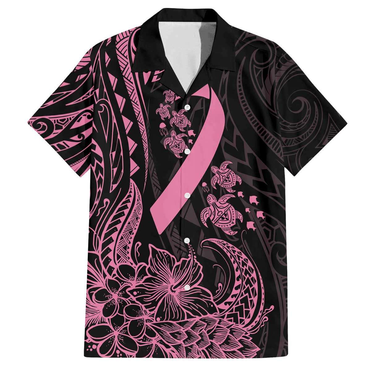 Polynesian Pink Power Family Matching Off Shoulder Short Dress and Hawaiian Shirt Breast Cancer Ribbon Turtle and Flowers