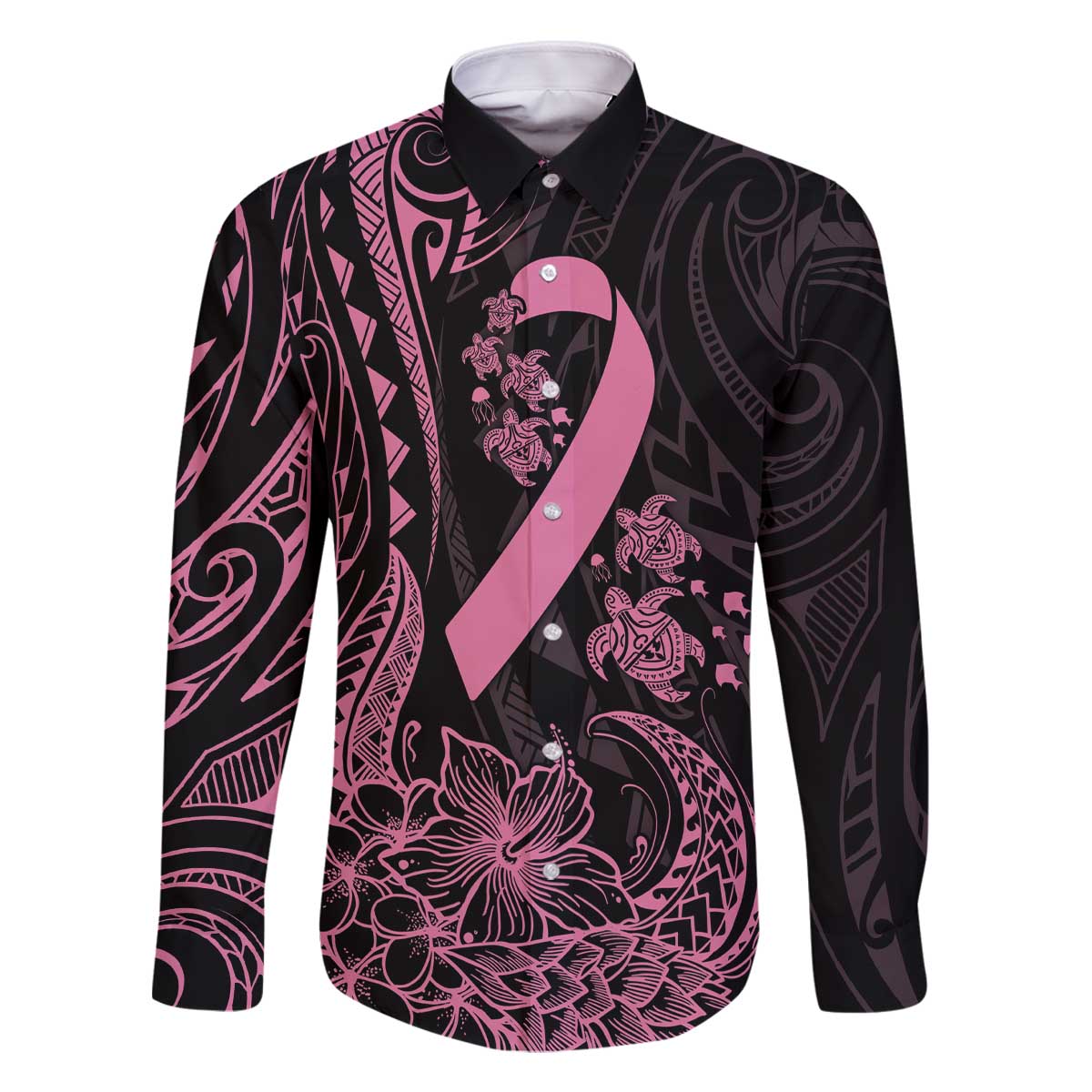 Polynesian Pink Power Family Matching Off Shoulder Short Dress and Hawaiian Shirt Breast Cancer Ribbon Turtle and Flowers