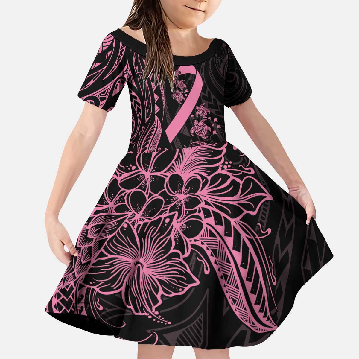 Polynesian Pink Power Family Matching Puletasi and Hawaiian Shirt Breast Cancer Ribbon Turtle and Flowers LT7 Daughter's Dress Pink - Polynesian Pride