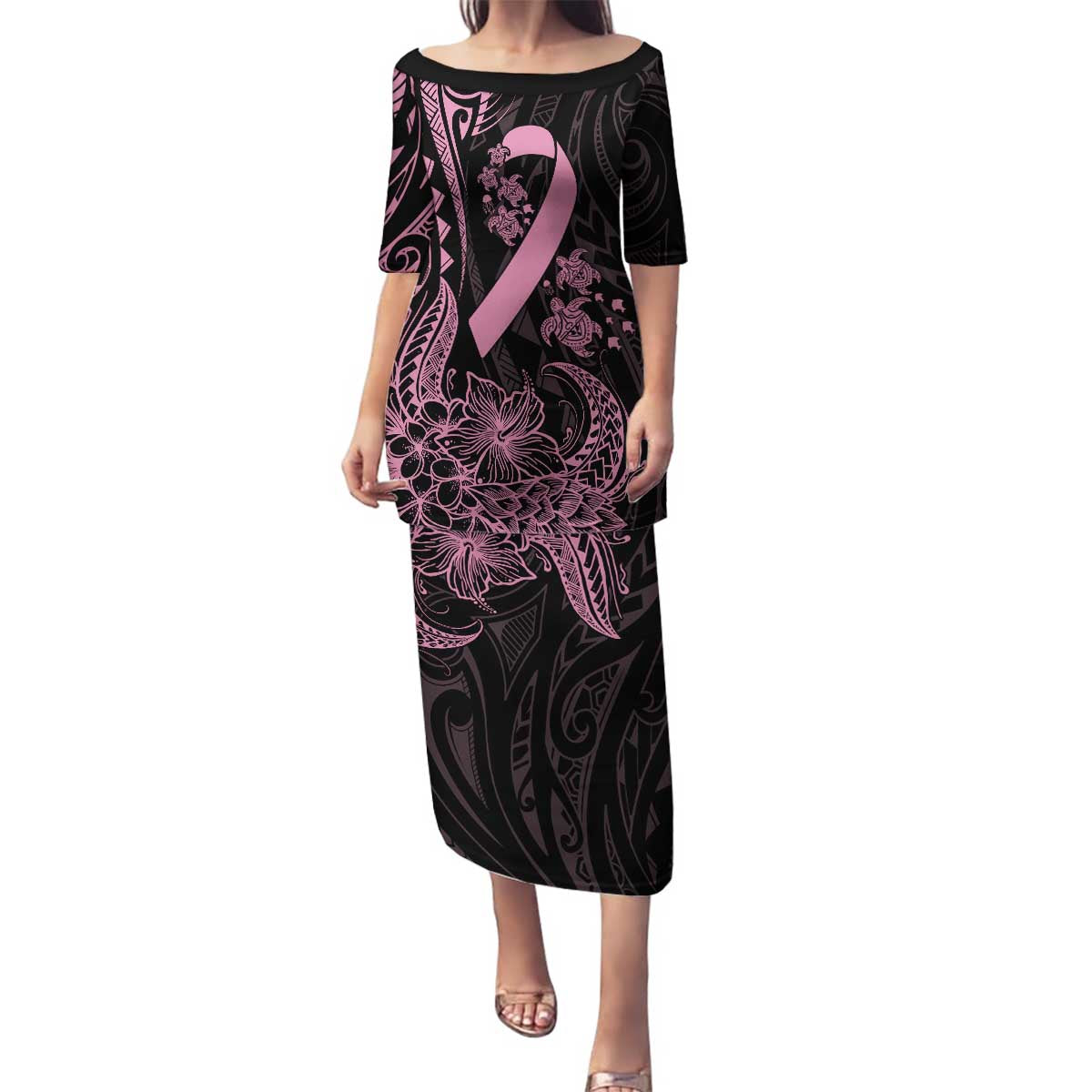 Polynesian Pink Power Family Matching Puletasi and Hawaiian Shirt Breast Cancer Ribbon Turtle and Flowers LT7 Mom's Dress Pink - Polynesian Pride