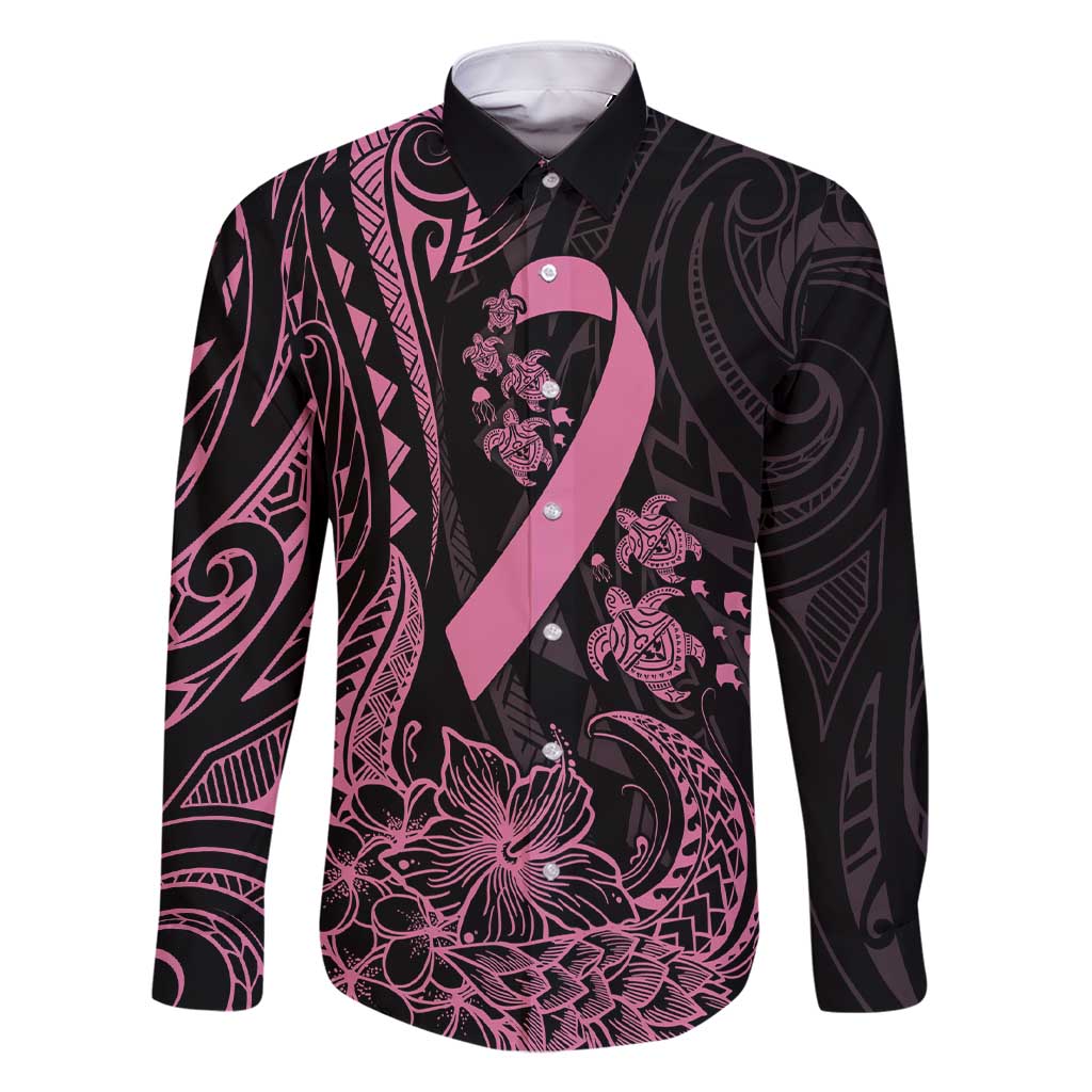 Polynesian Pink Power Family Matching Short Sleeve Bodycon Dress and Hawaiian Shirt Breast Cancer Ribbon Turtle and Flowers LT7 Dad's Shirt - Long Sleeve Pink - Polynesian Pride
