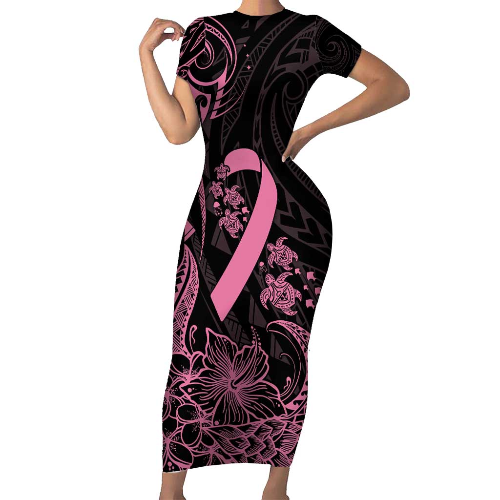 Polynesian Pink Power Family Matching Short Sleeve Bodycon Dress and Hawaiian Shirt Breast Cancer Ribbon Turtle and Flowers LT7 Mom's Dress Pink - Polynesian Pride