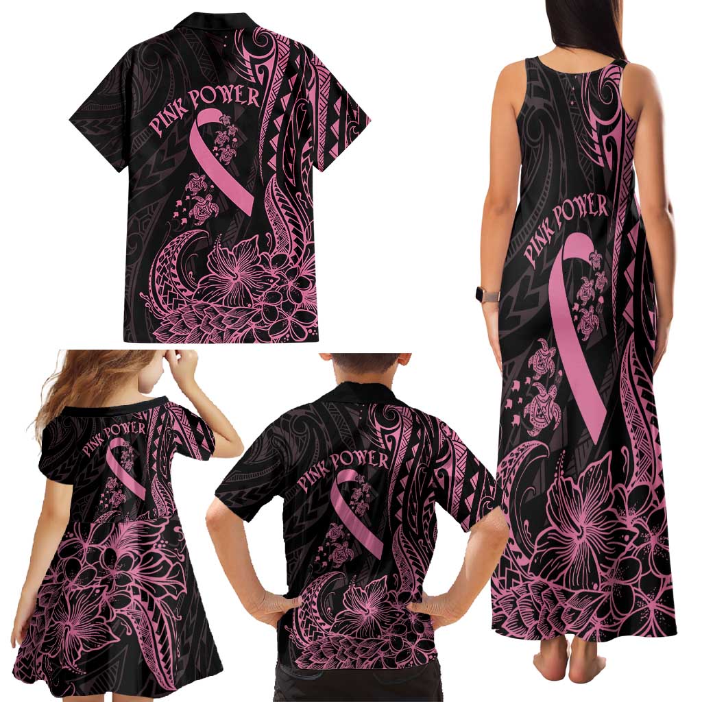 Polynesian Pink Power Family Matching Tank Maxi Dress and Hawaiian Shirt Breast Cancer Ribbon Turtle and Flowers