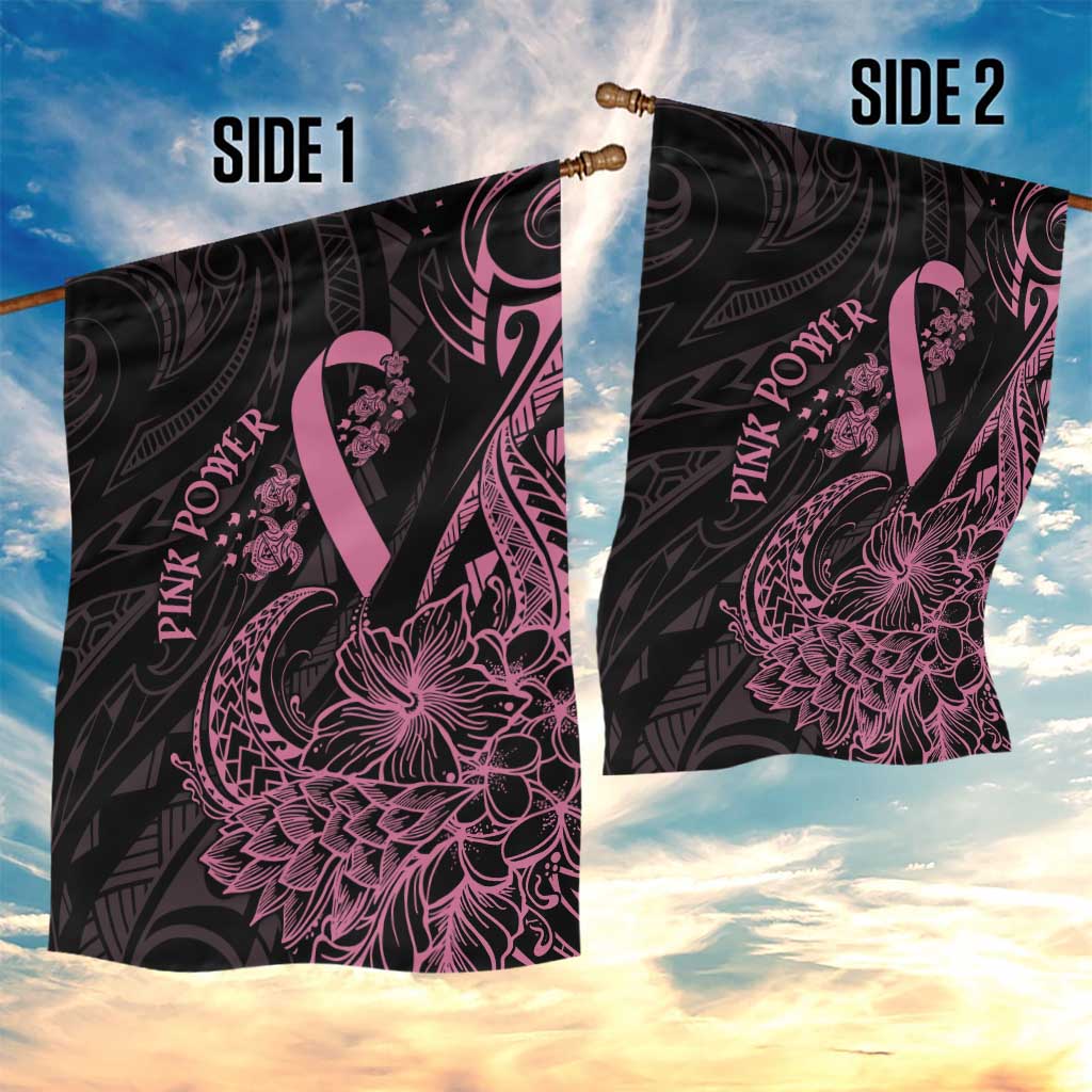 Polynesian Pink Power Garden Flag Breast Cancer Ribbon Turtle and Flowers