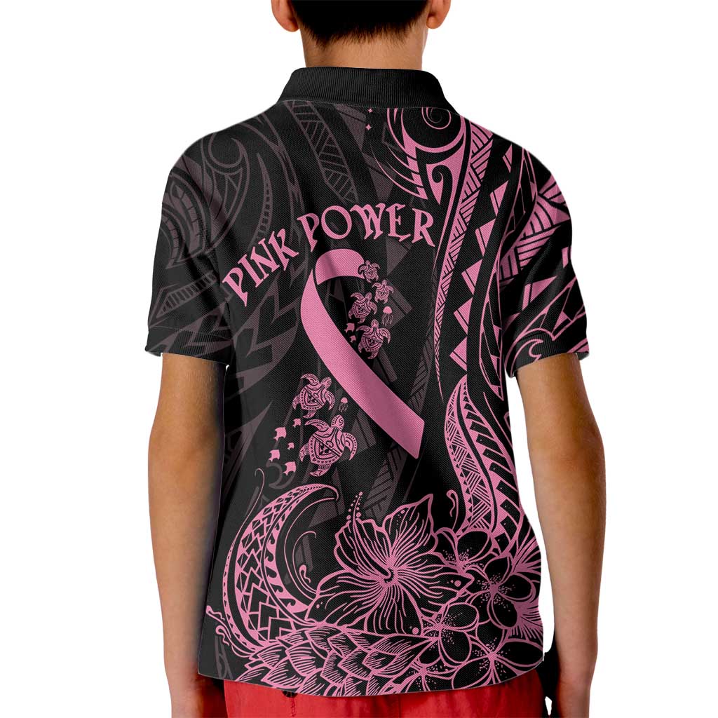 Polynesian Pink Power Kid Polo Shirt Breast Cancer Ribbon Turtle and Flowers