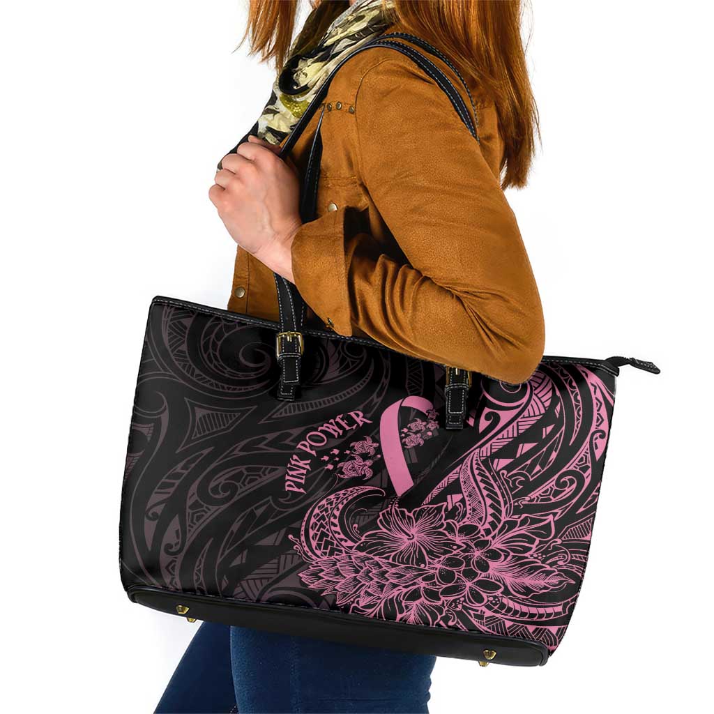 Polynesian Pink Power Leather Tote Bag Breast Cancer Ribbon Turtle and Flowers