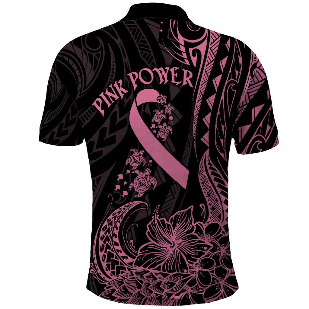 Polynesian Pink Power Polo Shirt Breast Cancer Ribbon Turtle and Flowers