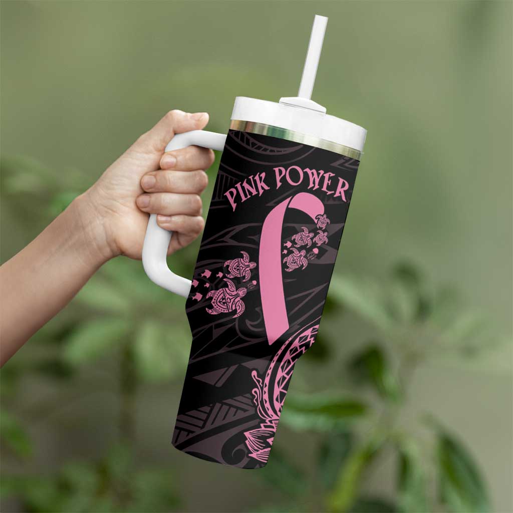 Polynesian Pink Power Tumbler With Handle Breast Cancer Ribbon Turtle and Flowers