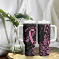 Polynesian Pink Power Tumbler With Handle Breast Cancer Ribbon Turtle and Flowers