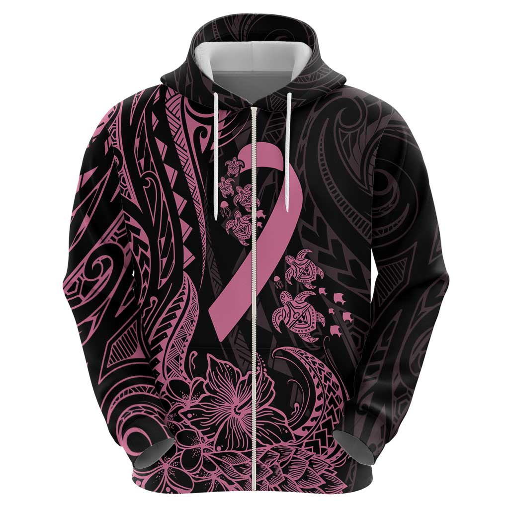 Polynesian Pink Power Zip Hoodie Breast Cancer Ribbon Turtle and Flowers