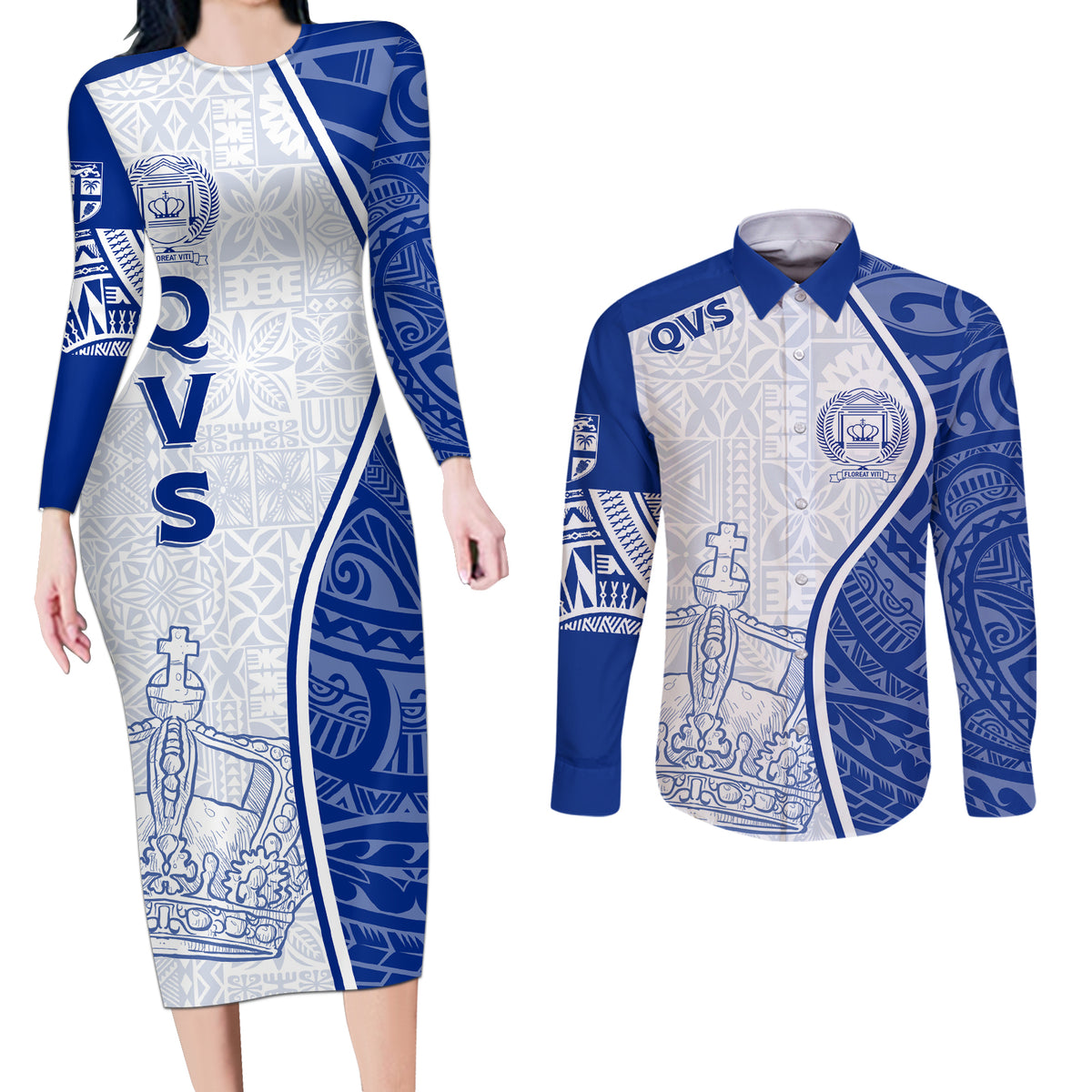 Personalised Queen Victoria School Couples Matching Long Sleeve Bodycon Dress and Long Sleeve Button Shirts QVS Old Boys LT7 White - Polynesian Pride