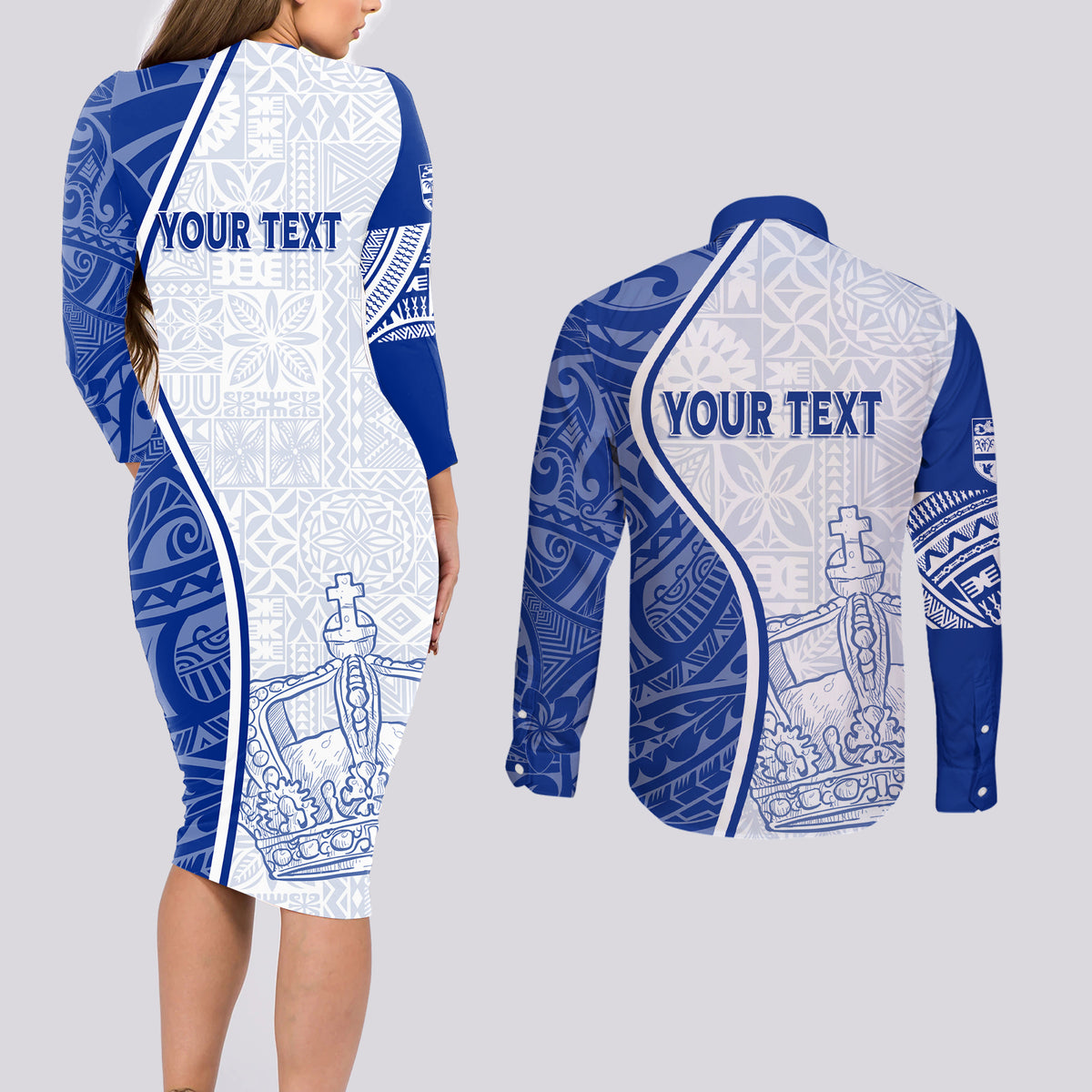Personalised Queen Victoria School Couples Matching Long Sleeve Bodycon Dress and Long Sleeve Button Shirts QVS Old Boys LT7 - Polynesian Pride