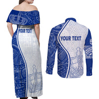 Personalised Queen Victoria School Couples Matching Off Shoulder Maxi Dress and Long Sleeve Button Shirts QVS Old Boys LT7 - Polynesian Pride