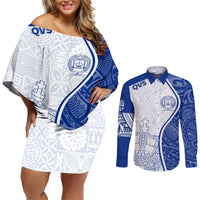 Personalised Queen Victoria School Couples Matching Off Shoulder Short Dress and Long Sleeve Button Shirts QVS Old Boys LT7 White - Polynesian Pride