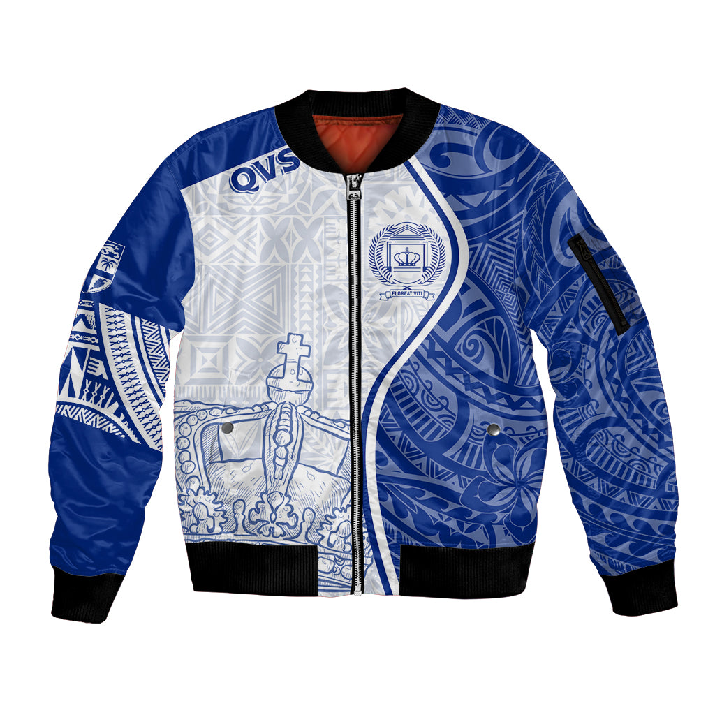 Personalised Queen Victoria School Sleeve Zip Bomber Jacket QVS Old Boys LT7 Unisex White - Polynesian Pride