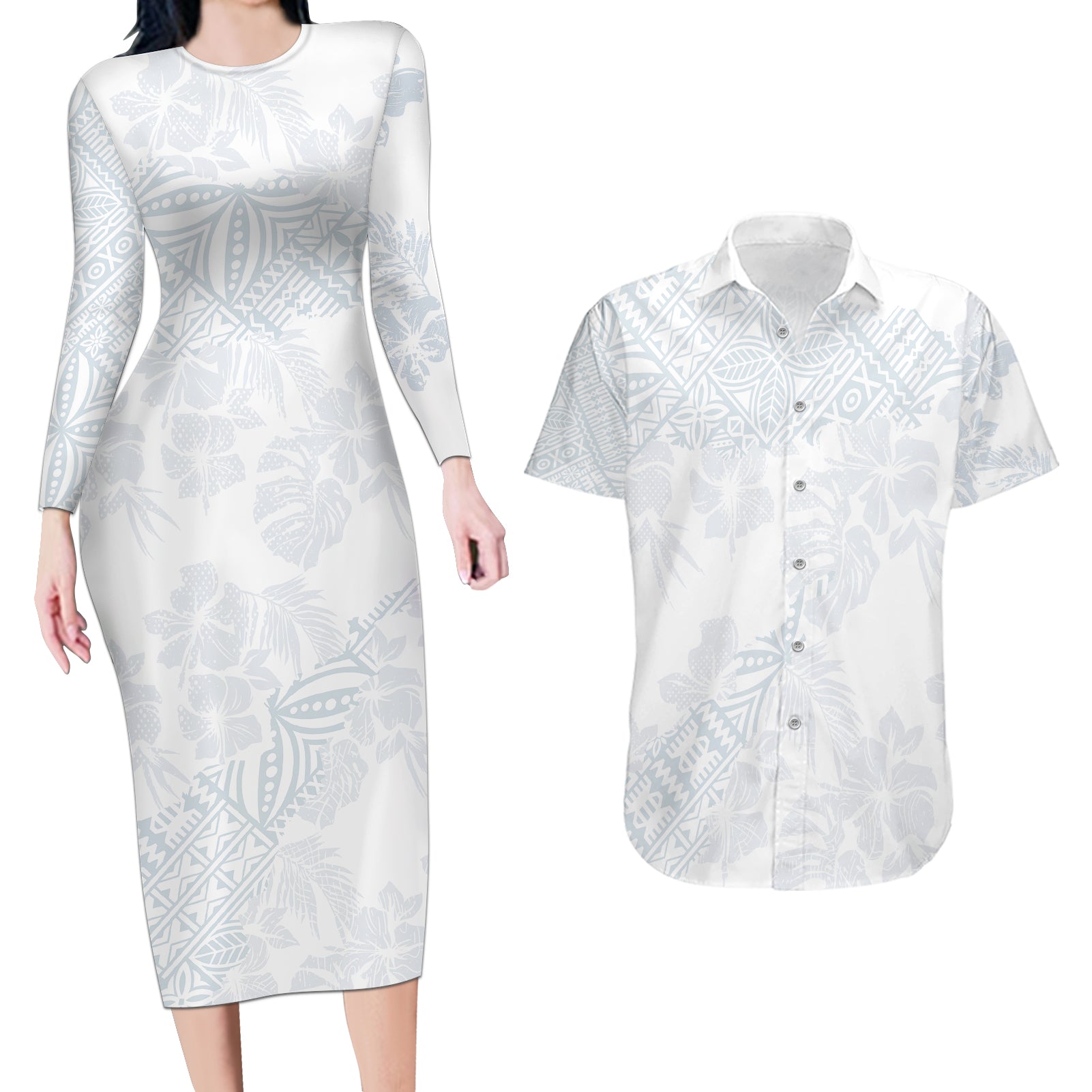 Samoa White Sunday Couples Matching Long Sleeve Bodycon Dress and Hawaiian Shirt Hibiscus Special LT7 White - Polynesian Pride