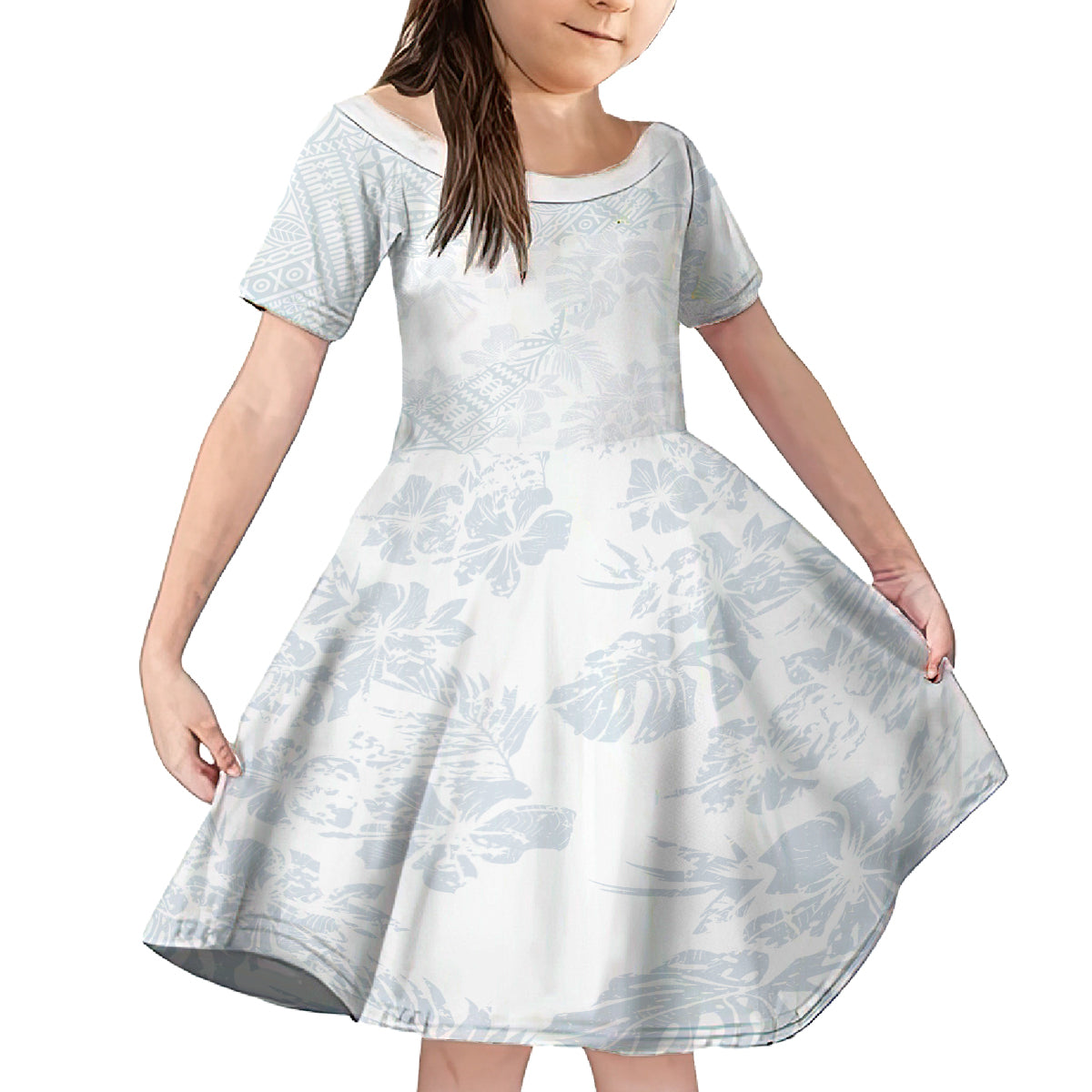 Samoa White Sunday Family Matching Off Shoulder Short Dress and Hawaiian Shirt Hibiscus Special LT7 Daughter's Dress White - Polynesian Pride