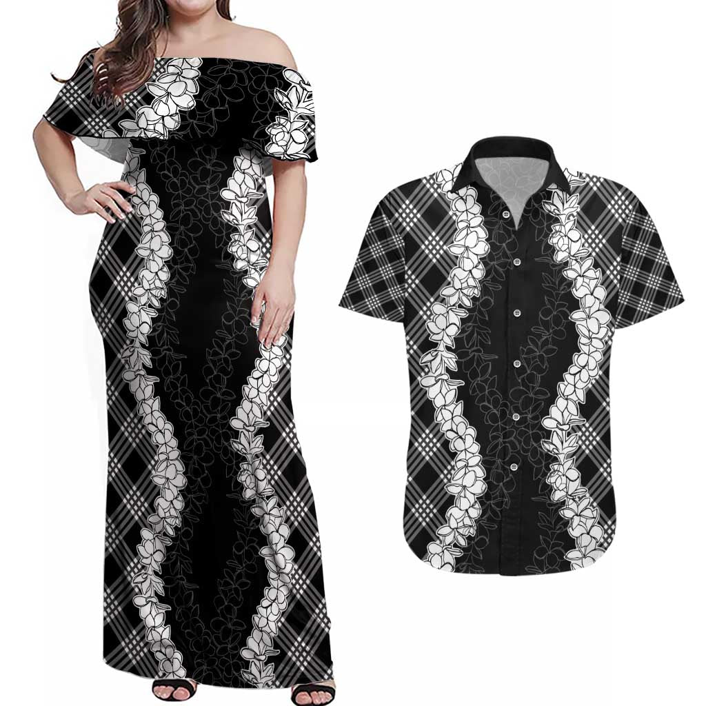 Hawaii Aloha Plumeria Lei Black Palaka Couples Matching Off Shoulder Maxi Dress and Hawaiian Shirt - Polynesian Pride