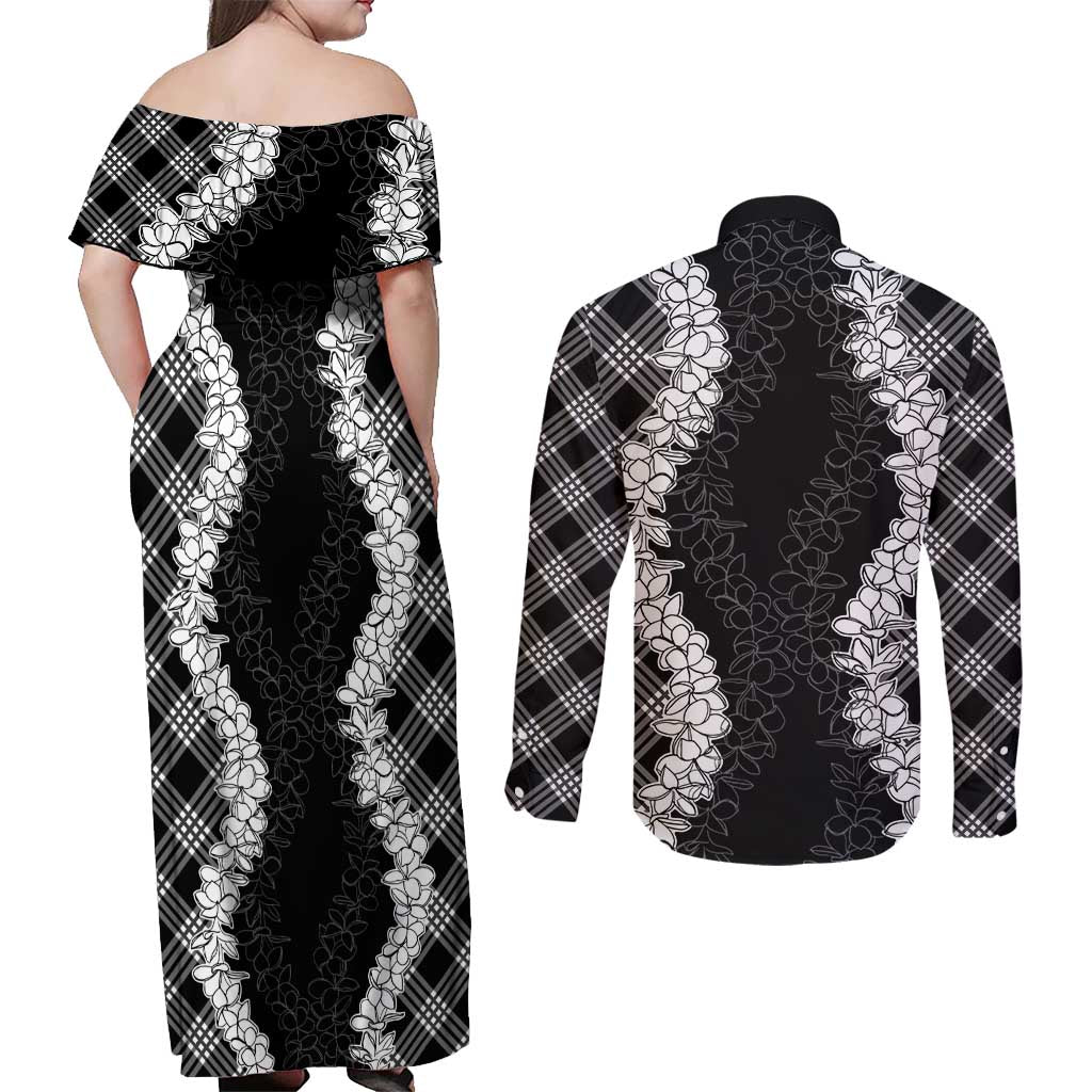 Hawaii Aloha Plumeria Lei Black Palaka Couples Matching Off Shoulder Maxi Dress and Long Sleeve Button Shirt - Polynesian Pride
