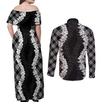 Hawaii Aloha Plumeria Lei Black Palaka Couples Matching Off Shoulder Maxi Dress and Long Sleeve Button Shirt - Polynesian Pride