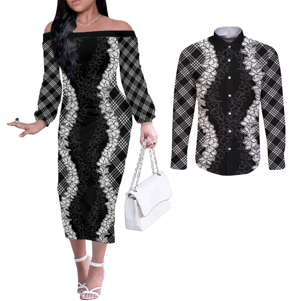 Hawaii Aloha Plumeria Lei Black Palaka Couples Matching Off The Shoulder Long Sleeve Dress and Long Sleeve Button Shirt - Polynesian Pride