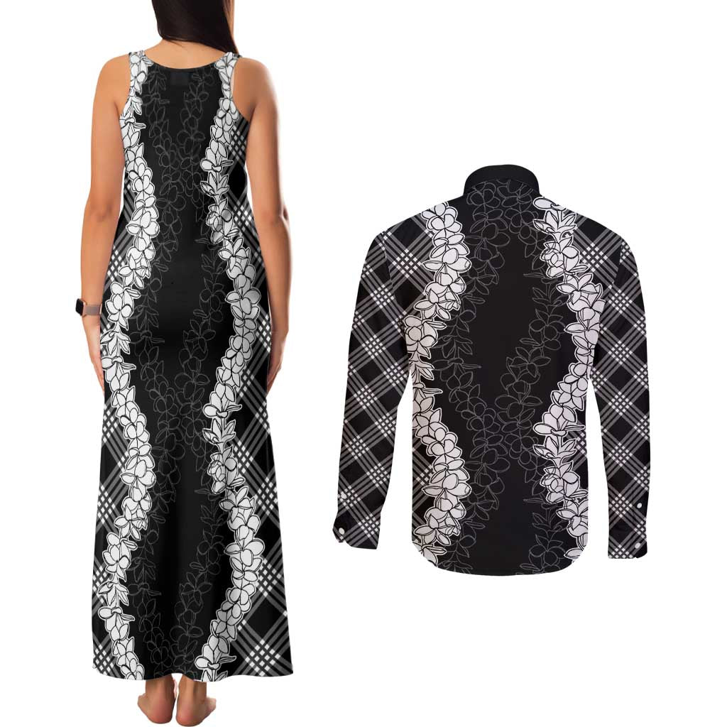 Hawaii Aloha Plumeria Lei Black Palaka Couples Matching Tank Maxi Dress and Long Sleeve Button Shirt - Polynesian Pride
