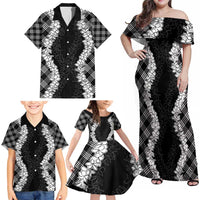 Hawaii Aloha Plumeria Lei Black Palaka Family Matching Off Shoulder Maxi Dress and Hawaiian Shirt - Polynesian Pride