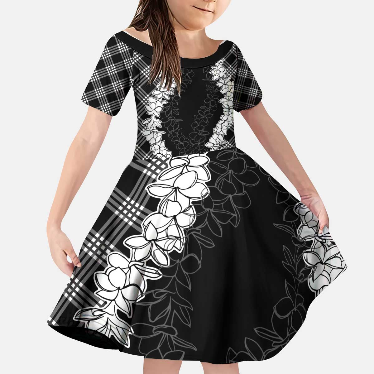 Hawaii Aloha Plumeria Lei Black Palaka Kid Short Sleeve Dress - Polynesian Pride