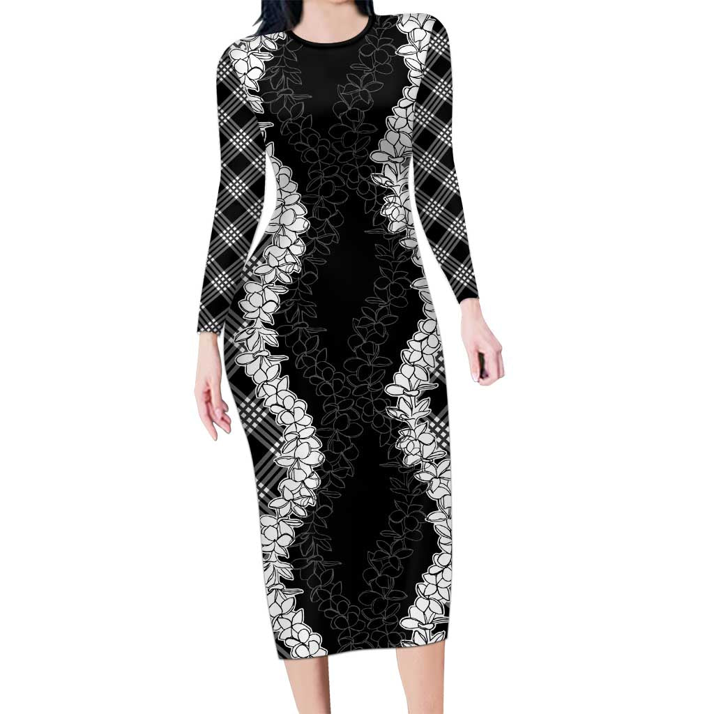 Hawaii Aloha Plumeria Lei Black Palaka Long Sleeve Bodycon Dress - Polynesian Pride