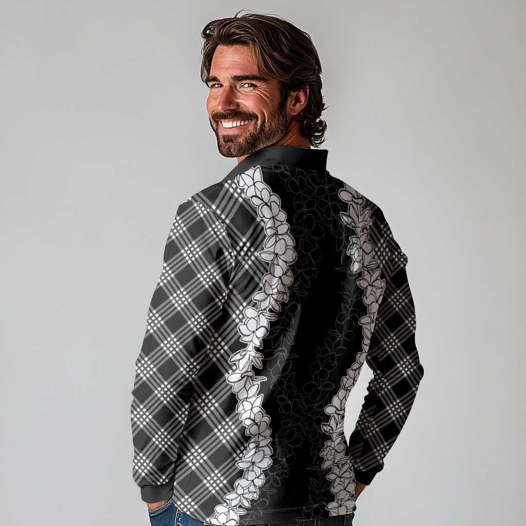 Hawaii Aloha Plumeria Lei Black Palaka Long Sleeve Polo Shirt - Polynesian Pride