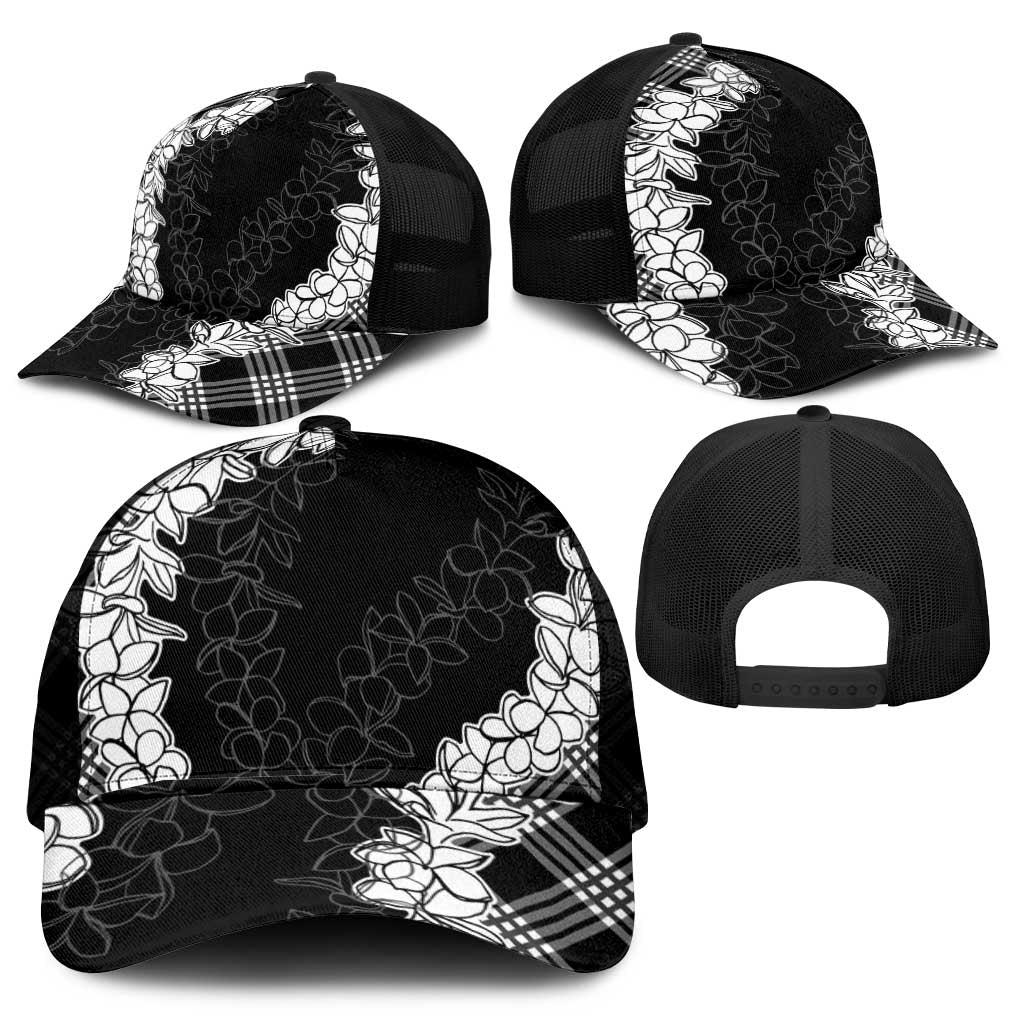 Hawaii Aloha Plumeria Lei Black Palaka Mesh Trucker Cap - Polynesian Pride