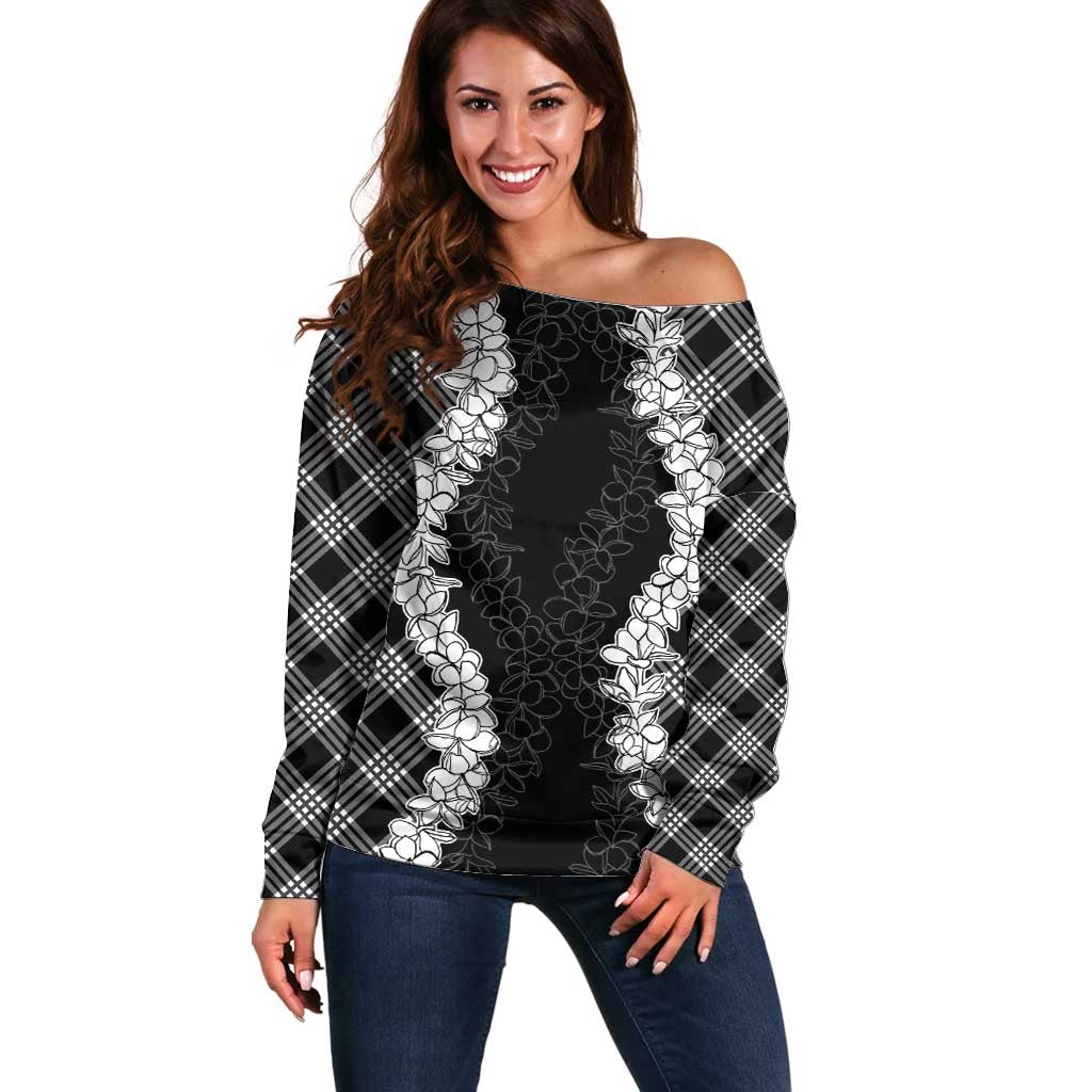 Hawaii Aloha Plumeria Lei Black Palaka Off Shoulder Sweater - Polynesian Pride
