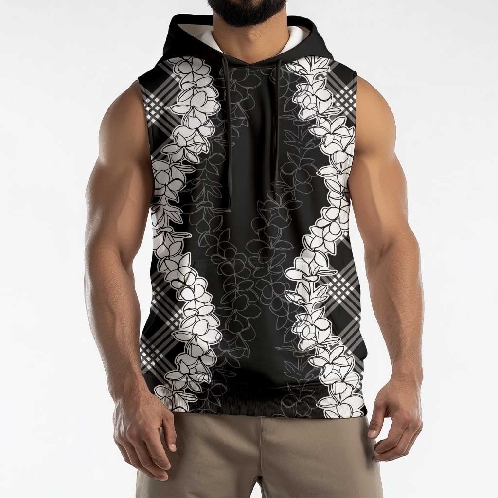 Hawaii Aloha Plumeria Lei Black Palaka Sleeveless Hoodie - Polynesian Pride