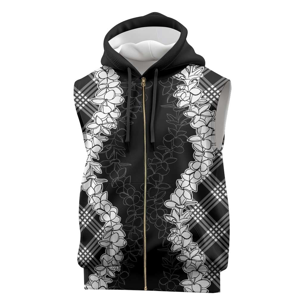 Hawaii Aloha Plumeria Lei Black Palaka Sleeveless Zip Hoodie - Polynesian Pride
