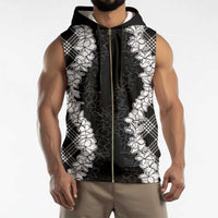 Hawaii Aloha Plumeria Lei Black Palaka Sleeveless Zip Hoodie - Polynesian Pride