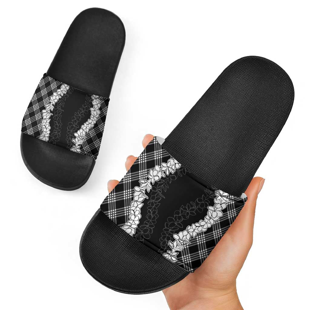 Hawaii Aloha Plumeria Lei Black Palaka Slide Sandals - Polynesian Pride