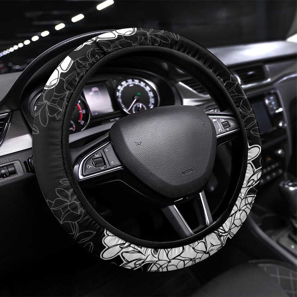 Hawaii Aloha Plumeria Lei Black Palaka Steering Wheel Cover - Polynesian Pride