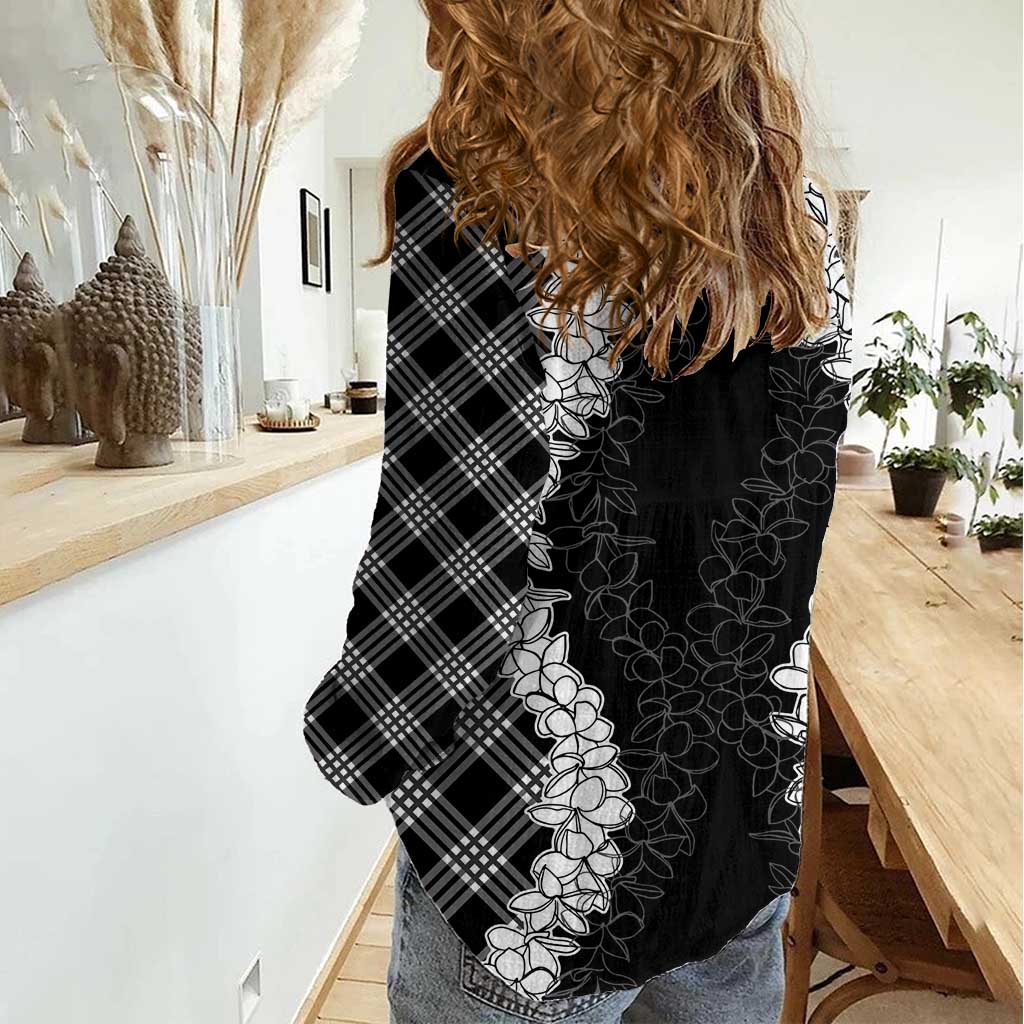 Hawaii Aloha Plumeria Lei Black Palaka Women Casual Shirt - Polynesian Pride