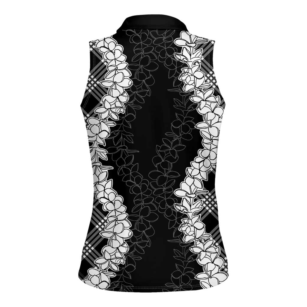 Hawaii Aloha Plumeria Lei Black Palaka Women Sleeveless Polo Shirt - Polynesian Pride