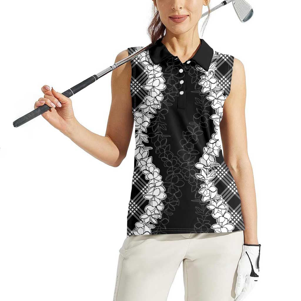Hawaii Aloha Plumeria Lei Black Palaka Women Sleeveless Polo Shirt - Polynesian Pride